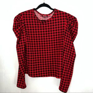 Shein Black & Red Small Buffalo Check Knit Top, Puffy Shoulders, Size XL